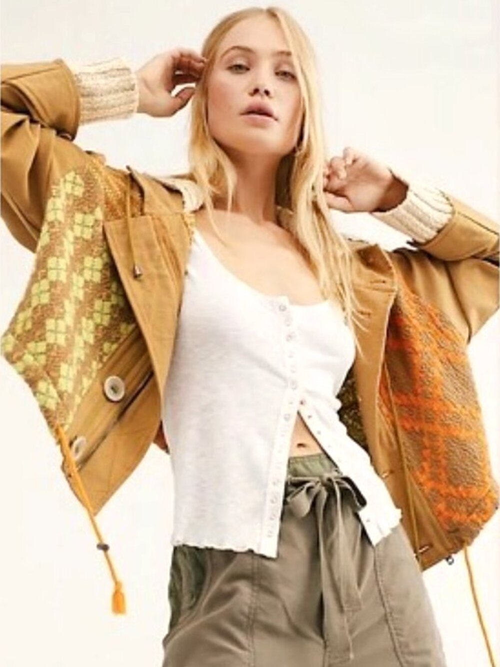 FREE PEOPLE RENO KNIT JACKET ARMY COMBO BOHO HOODIE ZIP BUTTON UTILITY GRANOLA M